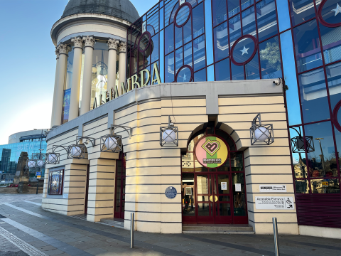 Outside of Alhambra Theatre featuring a Bradford 2025 window sticker.